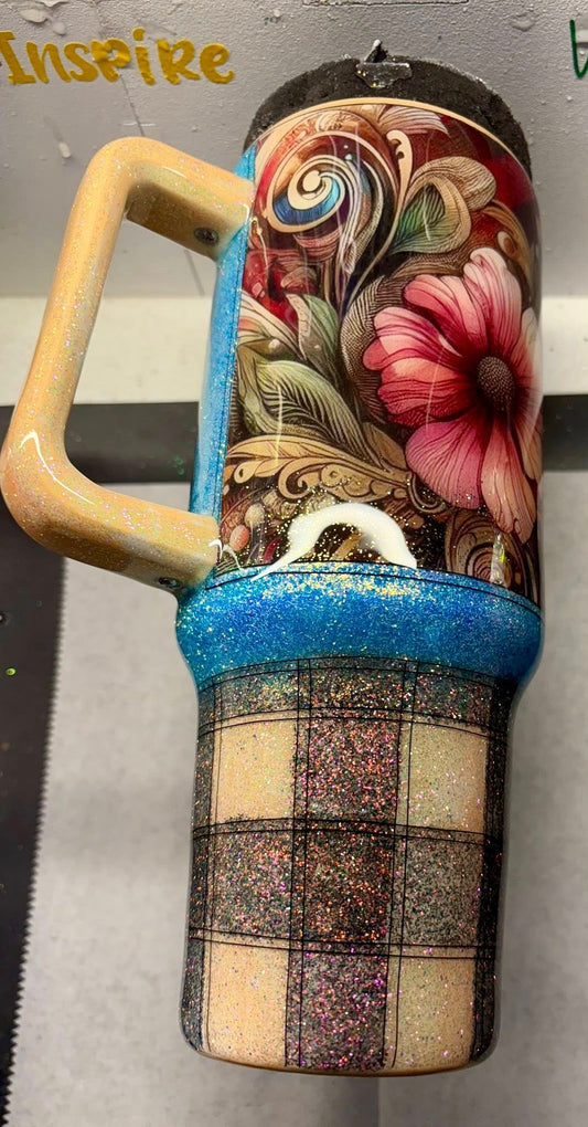 40 oz Travel Tumbler/Floral & Plaid Beauty