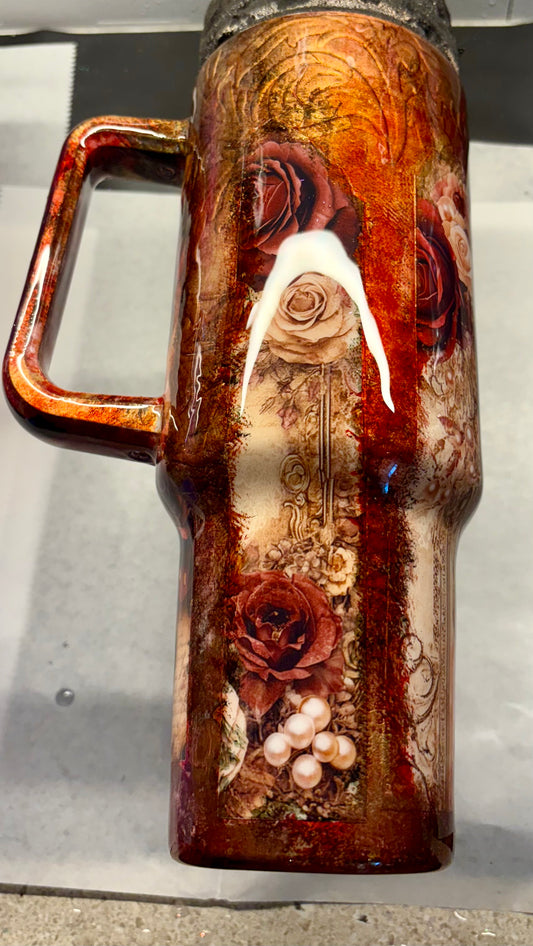 40 oz Gorgeous crimson & gold alcohol ink travel tumbler